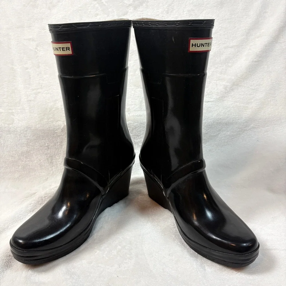 Hunter Kellan Mid Wedge Rain‎ Boots Womens 10 Black Good Glossy Waterproof